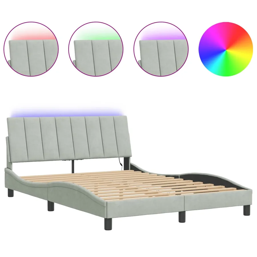 Cadre de lit avec LED sans matelas Hanko gris clair 140x200cm velours - 2
