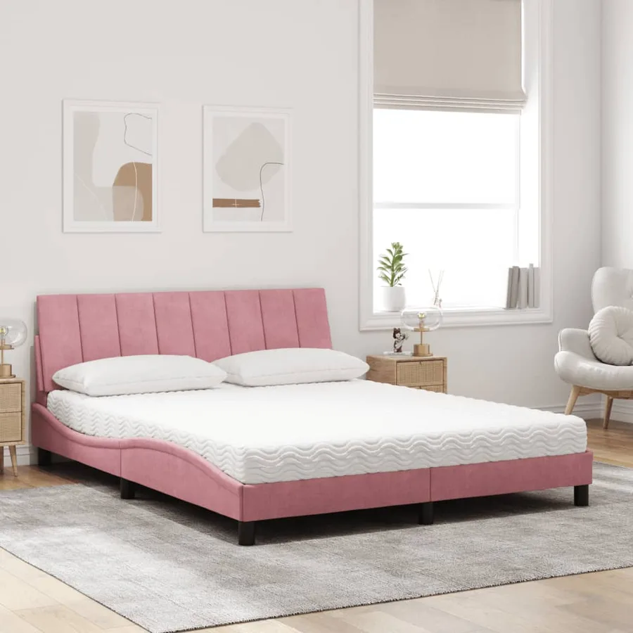 Lit avec matelas Hanko rose 160x200 cm velours - 3