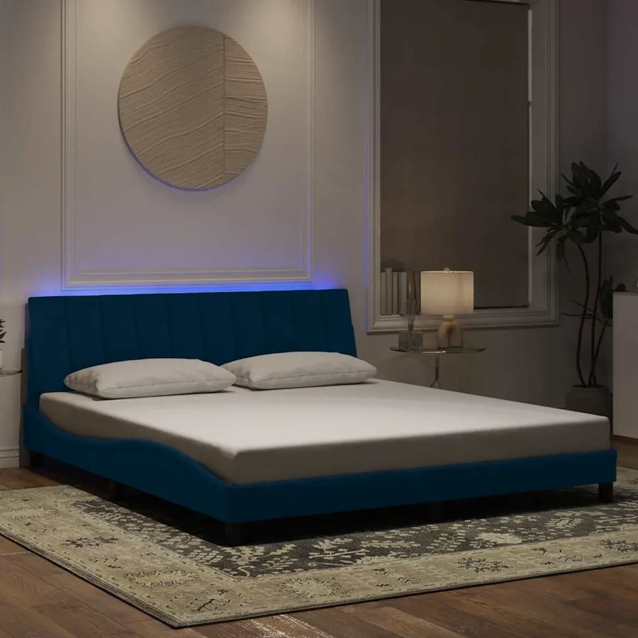 Cadre de lit avec LED sans matelas Hanko bleu 180x200 cm velours