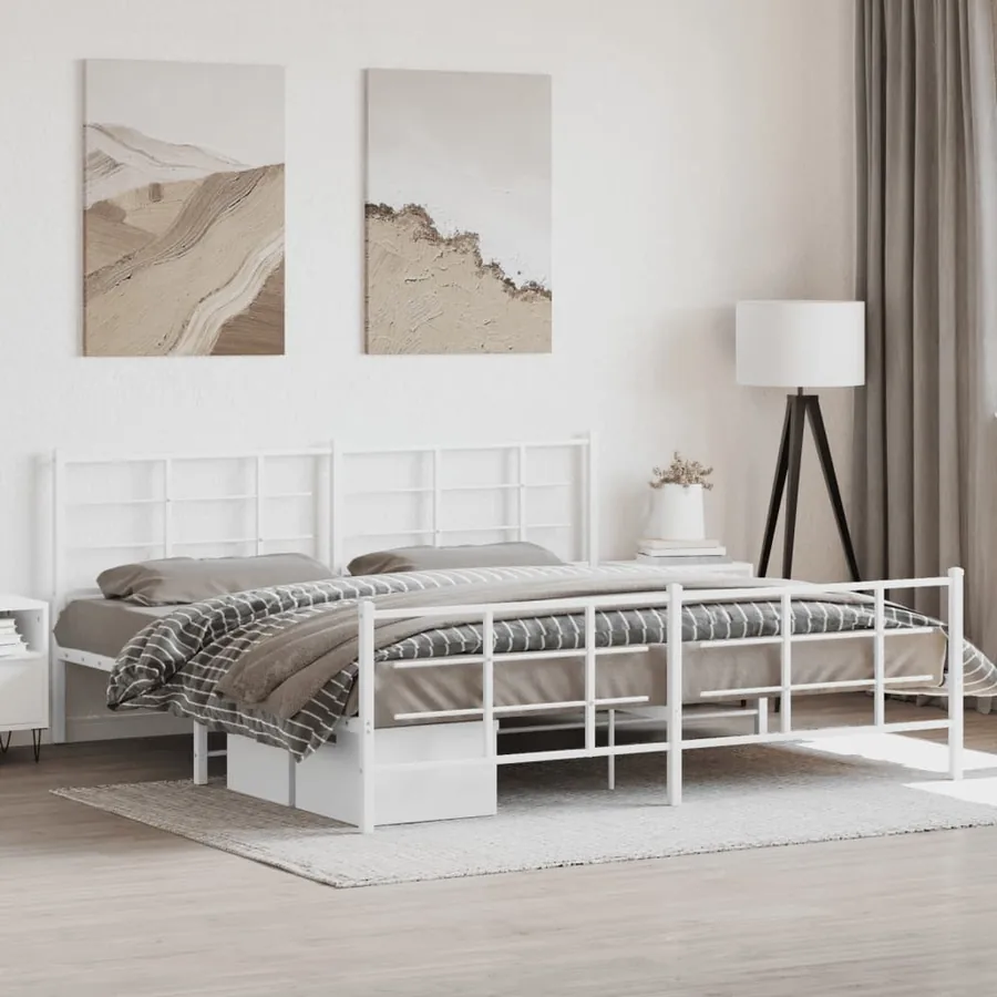 Cadre de lit métal sans matelas et pied de lit blanc 193x203 cm