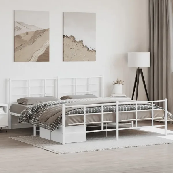Cadre de lit métal sans matelas et pied de lit blanc 193x203 cm