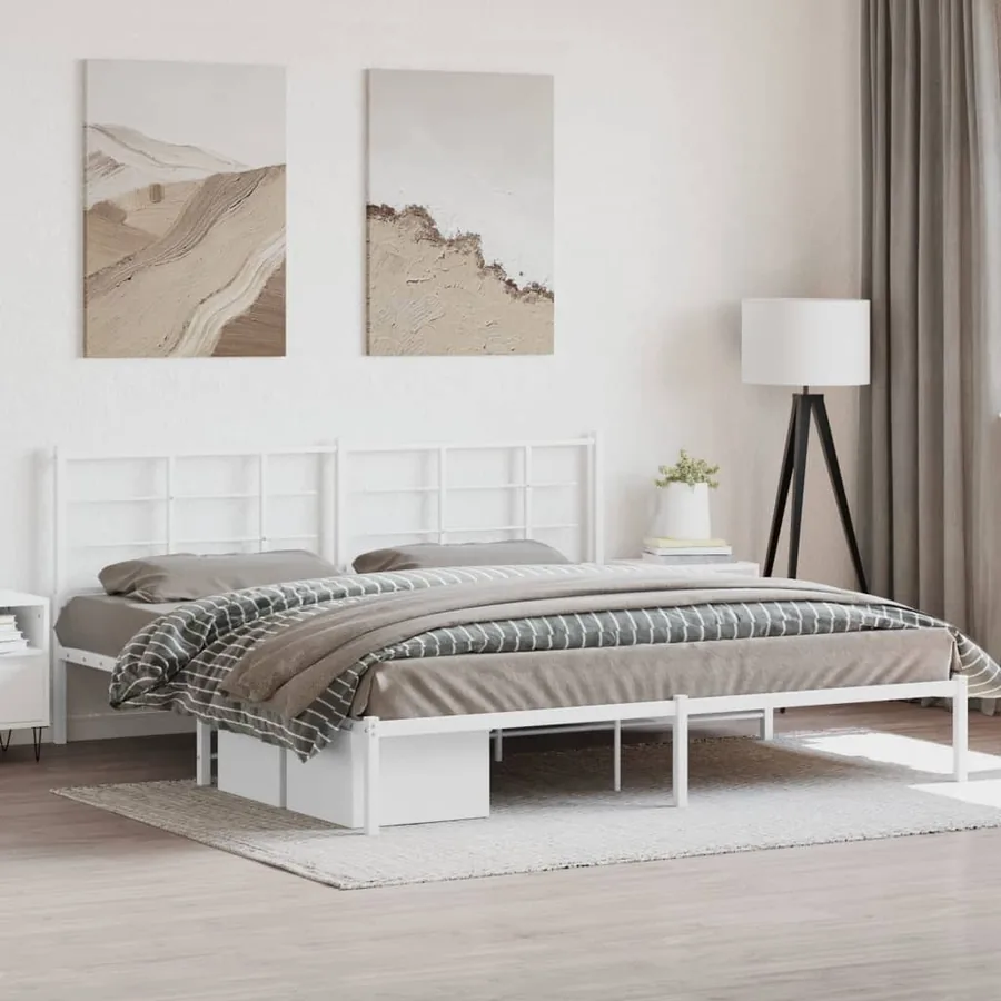 Cadre de lit métal sans matelas et tête de lit blanc 200x200 cm