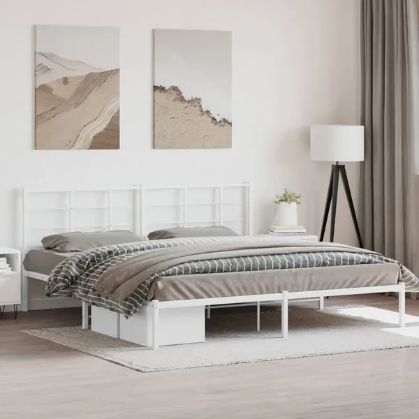 Cadre de lit métal sans matelas et tête de lit blanc 200x200 cm