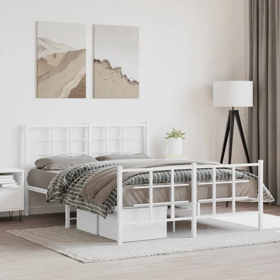 Cadre de lit métal sans matelas et pied de lit blanc 140x200 cm