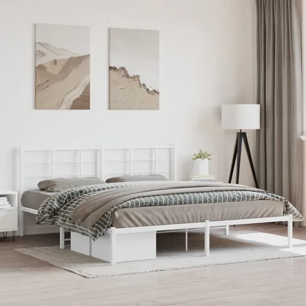 Cadre de lit métal sans matelas et tête de lit blanc 183x213 cm