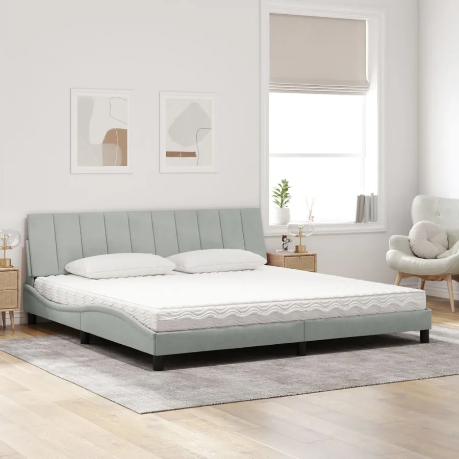 Lit avec matelas Hanko gris clair 200x200 cm velours - 3