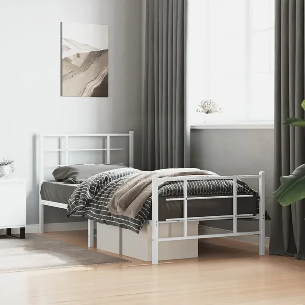 Cadre de lit métal sans matelas avec pied de lit blanc 90x190cm