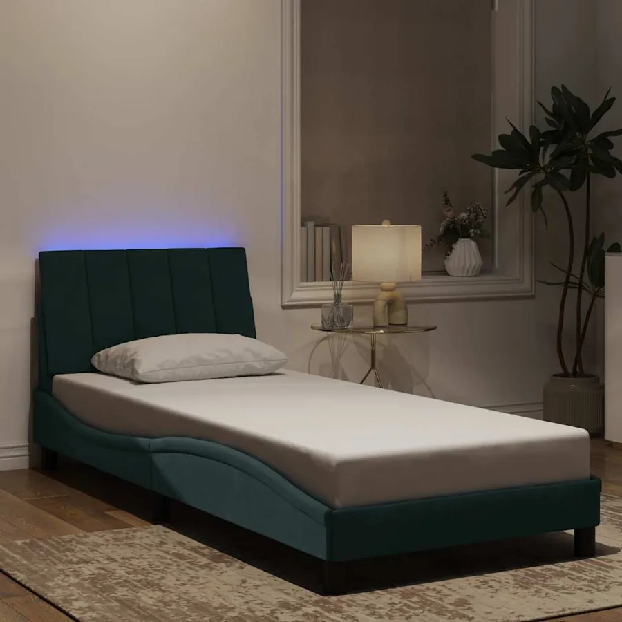 Cadre de lit avec LED sans matelas Hanko vert foncé 90x200 cm velours
