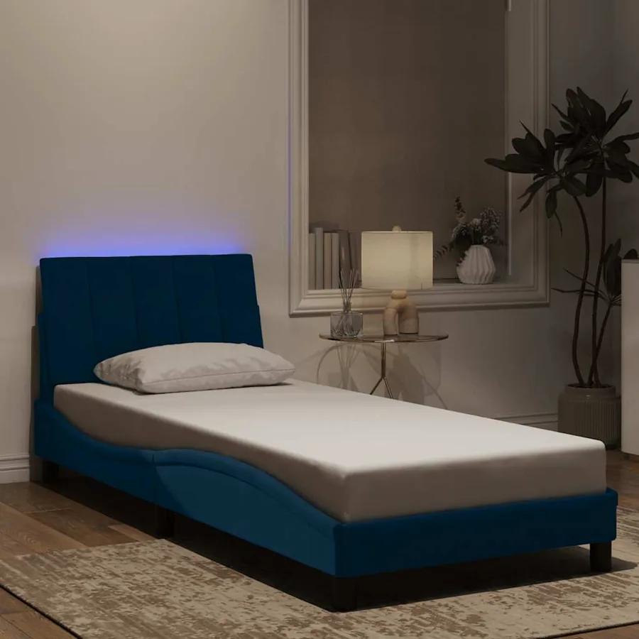 Cadre de lit avec LED sans matelas Hanko bleu 90x190 cm velours
