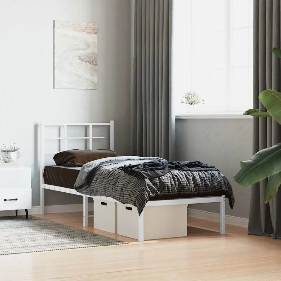 Cadre de lit métal sans matelas avec tête de lit blanc 80x200cm