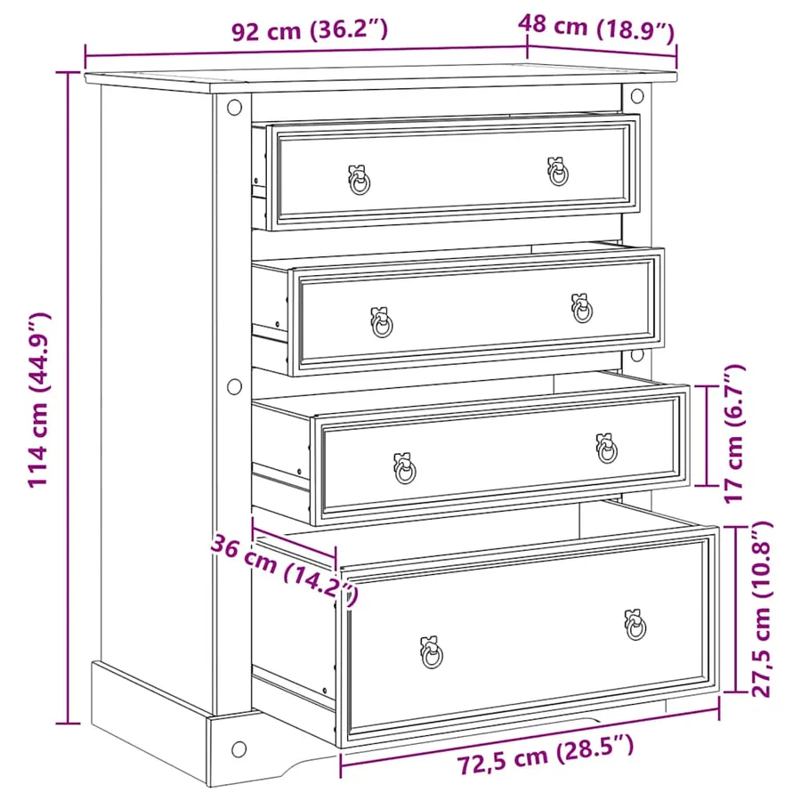 Commode Corona 92x48x114 cm bois massif de pin - 9