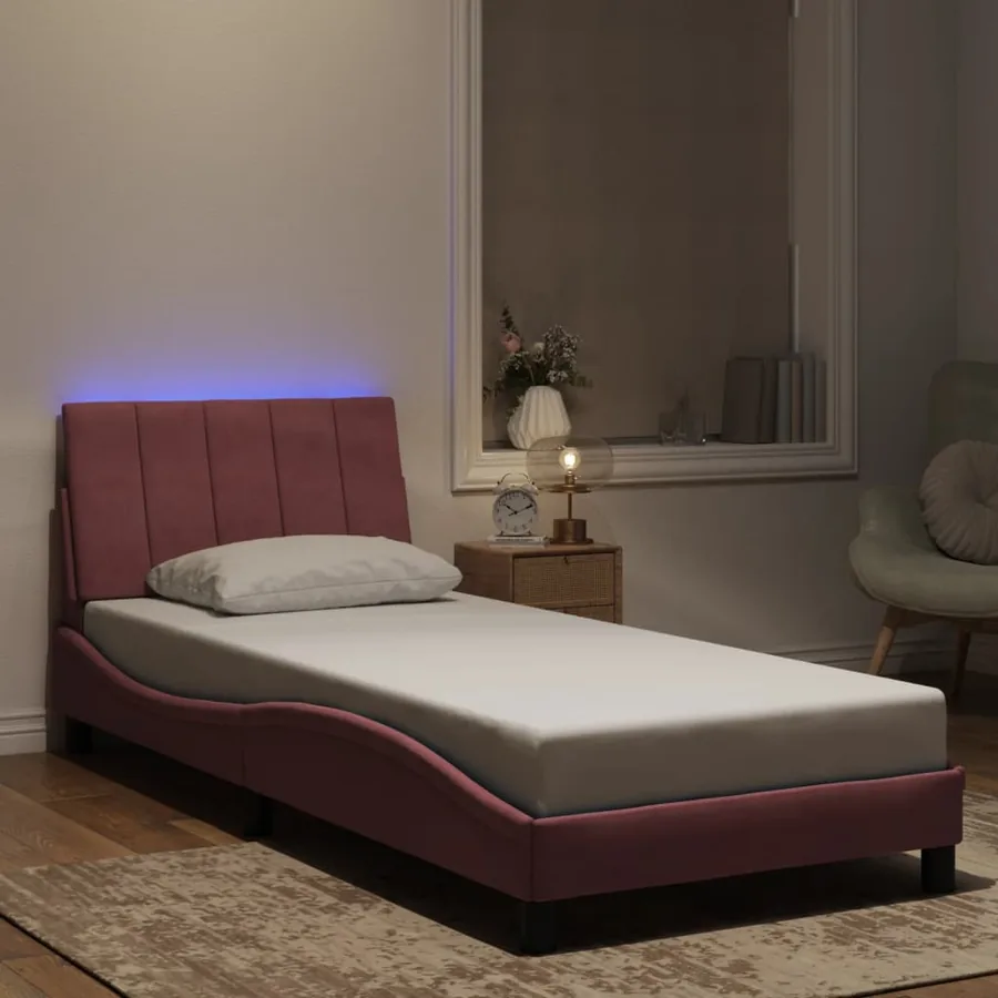 Cadre de lit avec LED sans matelas Hanko rose 90x200 cm velours
