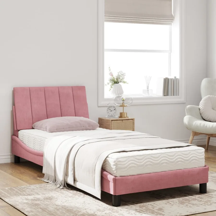 Lit avec matelas Hanko rose 90x190 cm velours - 3