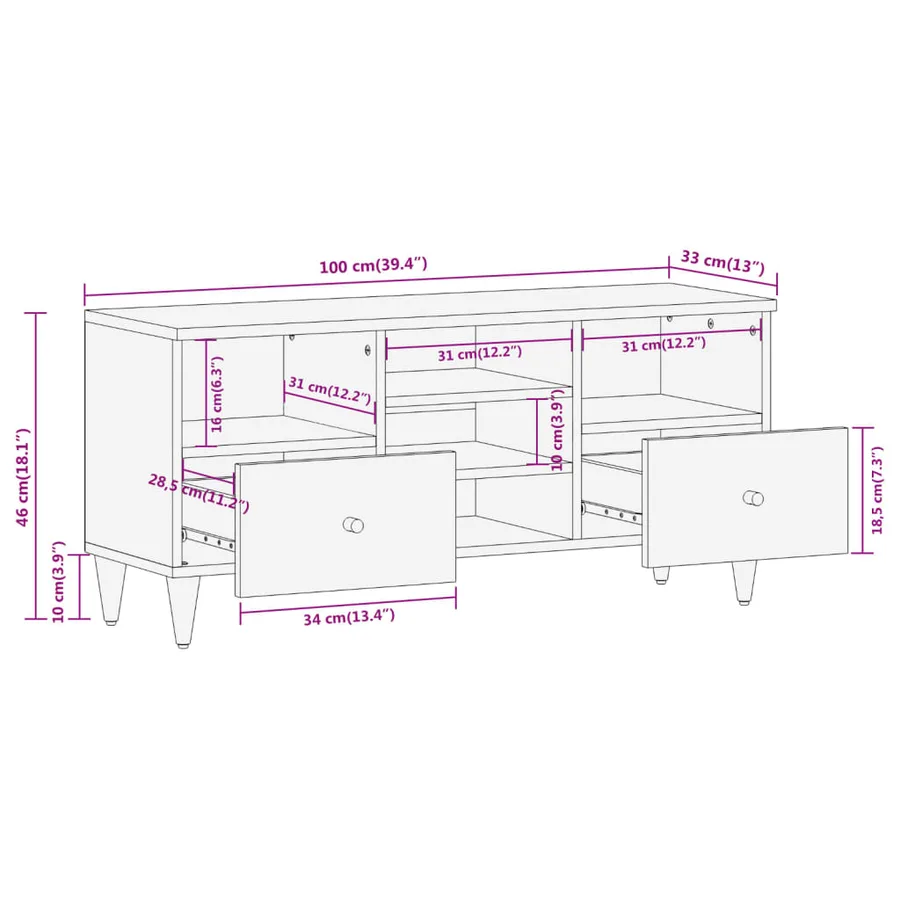 Meuble TV 100x33x46 cm bois massif de manguier - 10