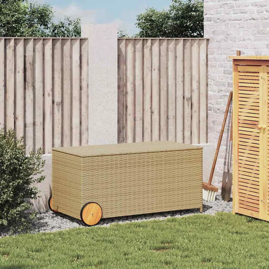 Boîte de rangement de jardin et roues mélange beige 190L rotin - 3