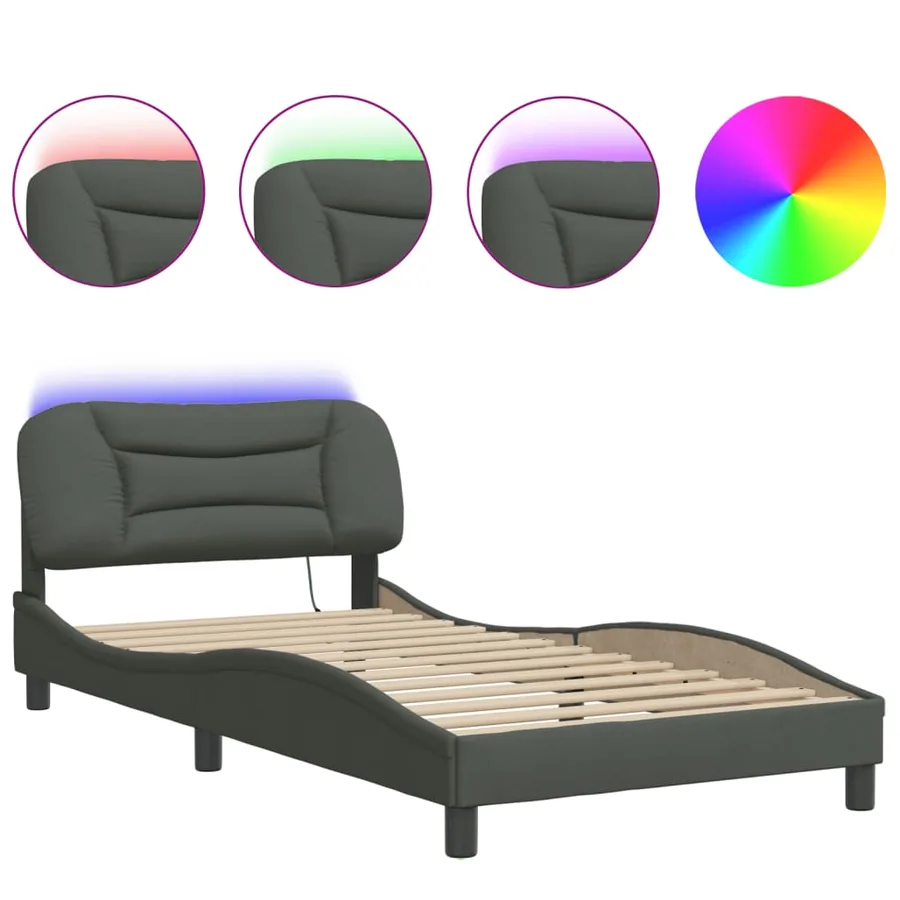 Cadre de lit avec LED sans matelas Hvar gris foncé 100x200 cm tissu - 2