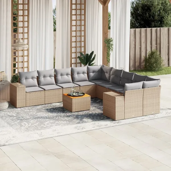Salon de jardin 11 pcs avec coussins beige résine tressée