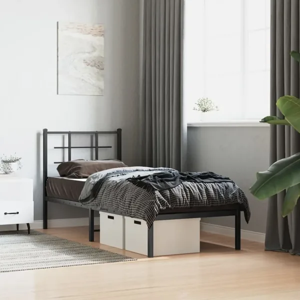 Cadre de lit métal sans matelas avec tête de lit noir 75x190 cm