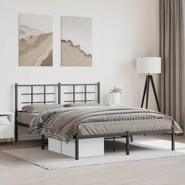 Cadre de lit métal sans matelas et tête de lit noir 160x200 cm