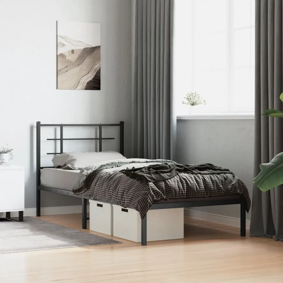 Cadre de lit métal sans matelas avec tête de lit noir 90x190 cm