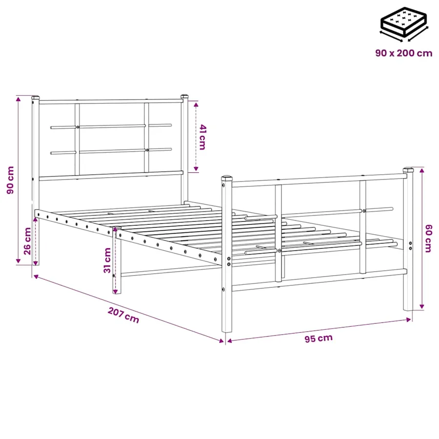 Cadre de lit métal sans matelas avec pied de lit noir 90x200 cm - 10