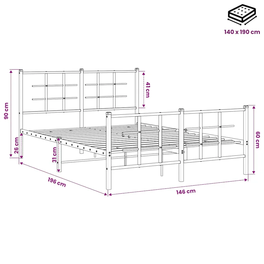 Cadre de lit métal sans matelas avec pied de lit noir 140x190cm - 10