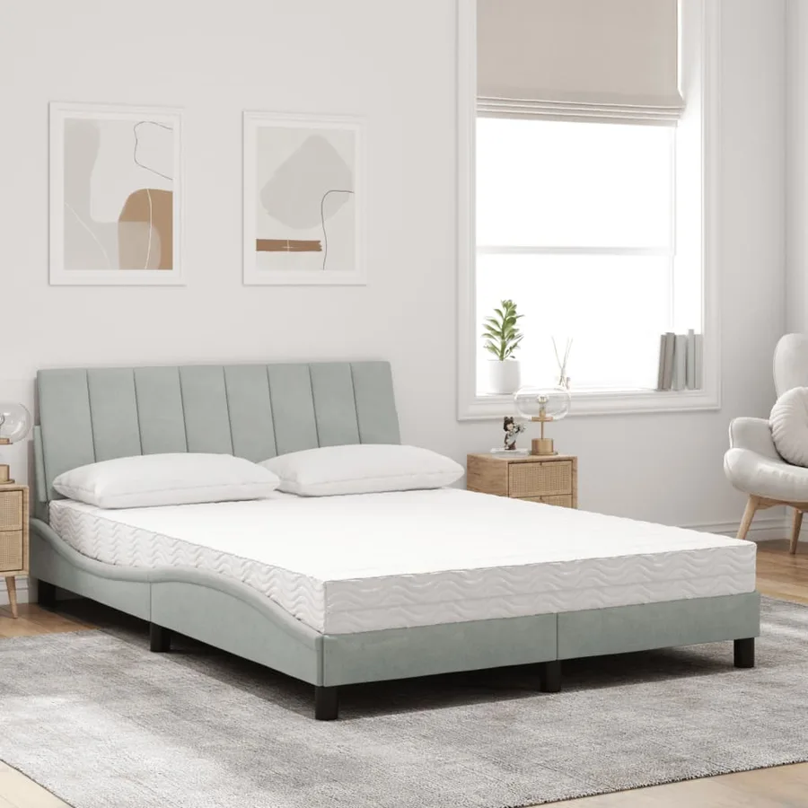 Lit avec matelas Hanko gris clair 140x190 cm velours - 3