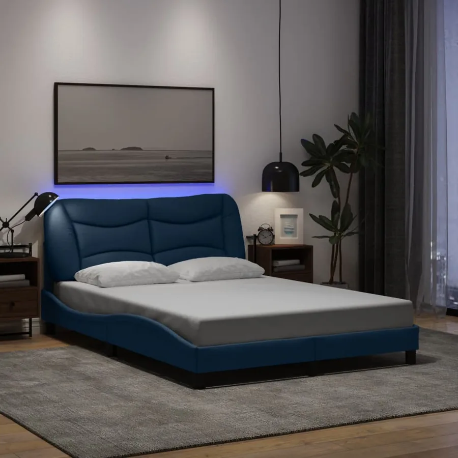 Cadre de lit avec LED sans matelas Hvar bleu 140x190 cm tissu