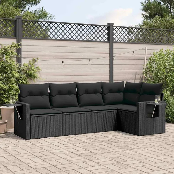 Salon de jardin 5 pcs avec coussins noir résine tressée