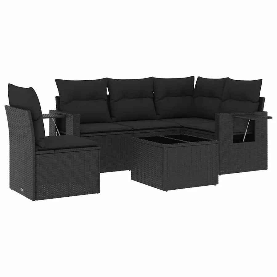 Salon de jardin 6 pcs avec coussins noir résine tressée - 2