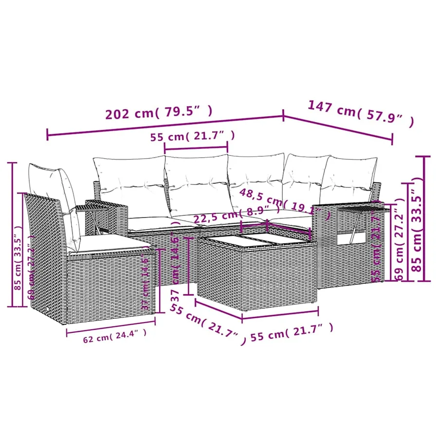 Salon de jardin 6 pcs avec coussins noir résine tressée - 3