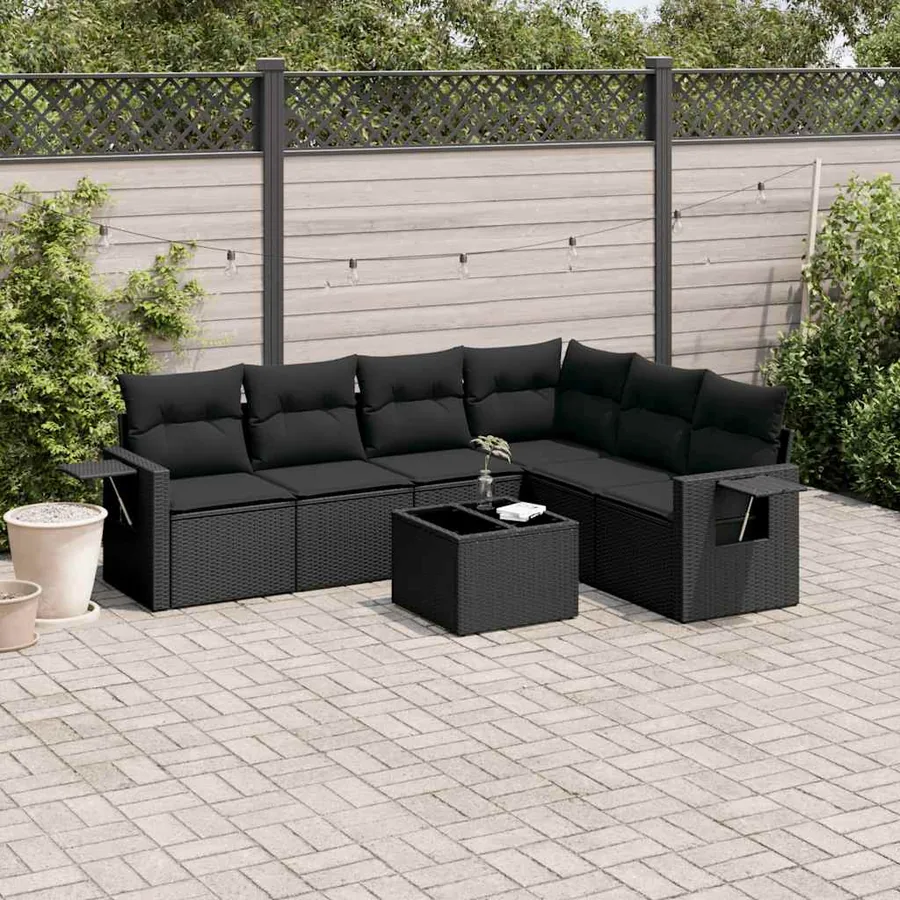 Salon de jardin 7 pcs avec coussins noir résine tressée 55 x 62 x 69 cm - 60,8 kg