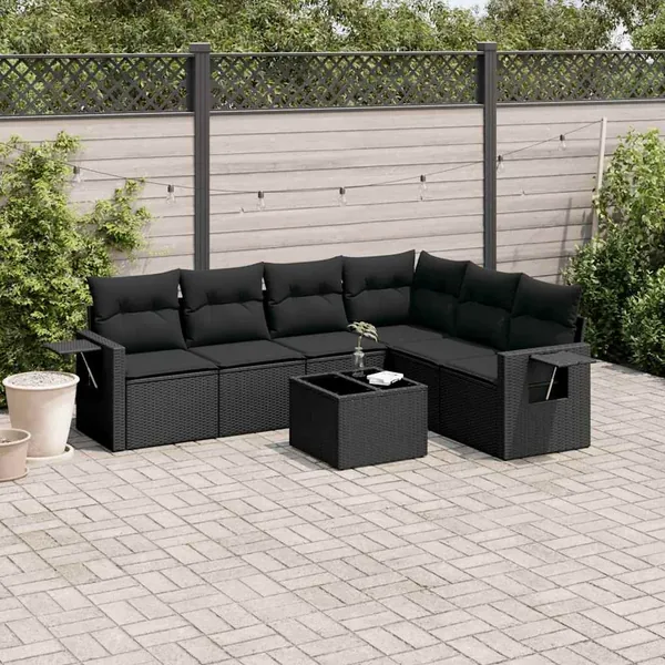 Salon de jardin 7 pcs avec coussins noir résine tressée 55 x 62 x 69 cm - 60,8 kg