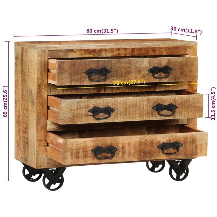 Buffet avec 3 tiroirs 80x30x65 cm bois de manguier brut massif - 7
