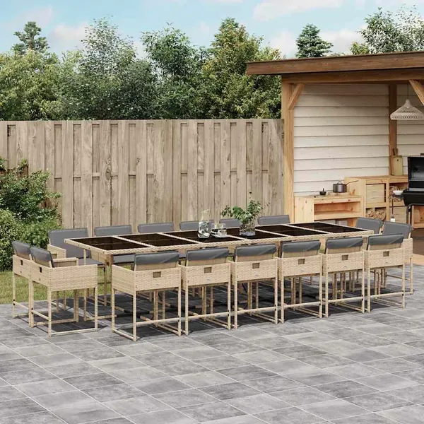 Ensemble à manger de jardin et coussins 17 pcs mélange beige