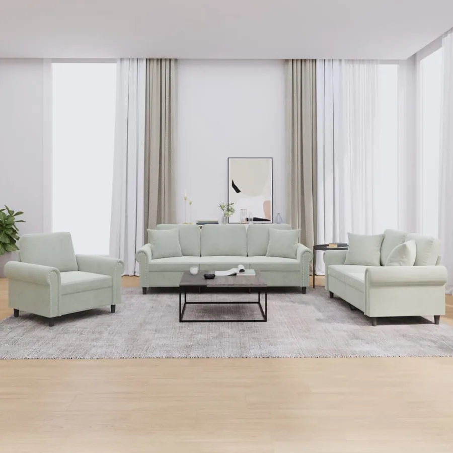 Ensemble de canapés 3 pcs avec coussins gris clair velours