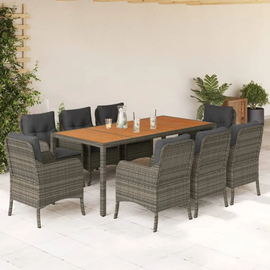 Ensemble à manger de jardin 9 pcs coussins gris résine tressée