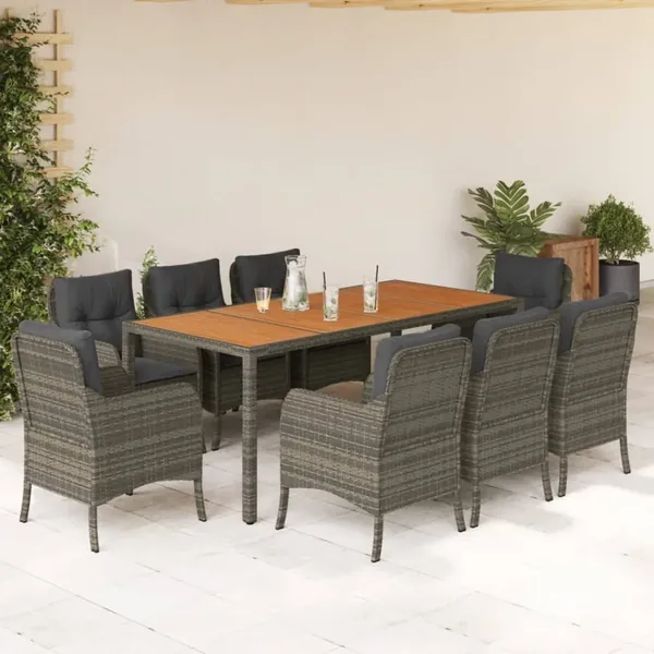 Ensemble à manger de jardin 9 pcs coussins gris résine tressée