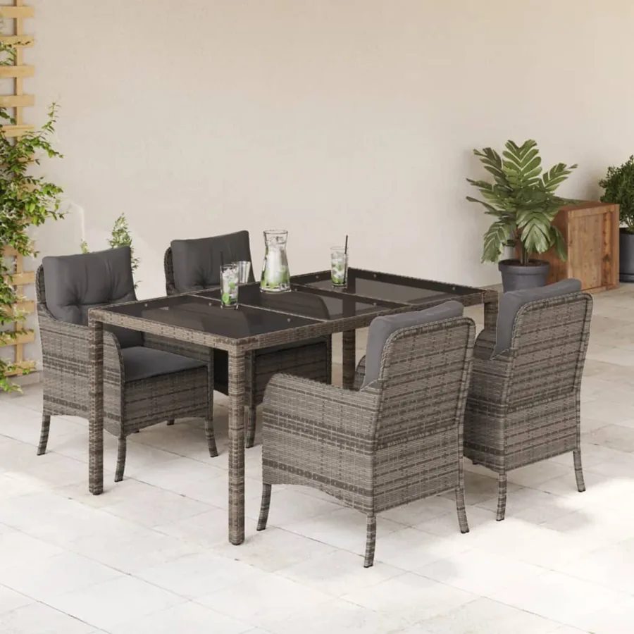 Ensemble à manger de jardin 5 pcs coussins gris résine tressée