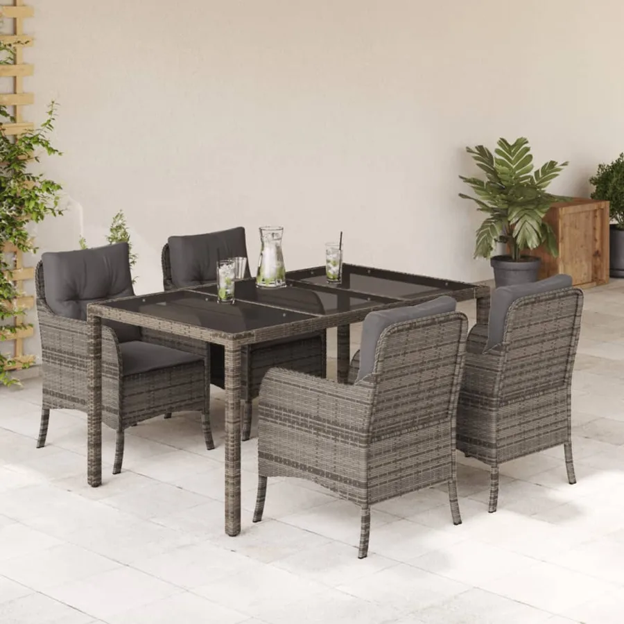 Ensemble à manger de jardin 5 pcs coussins gris résine tressée - 2
