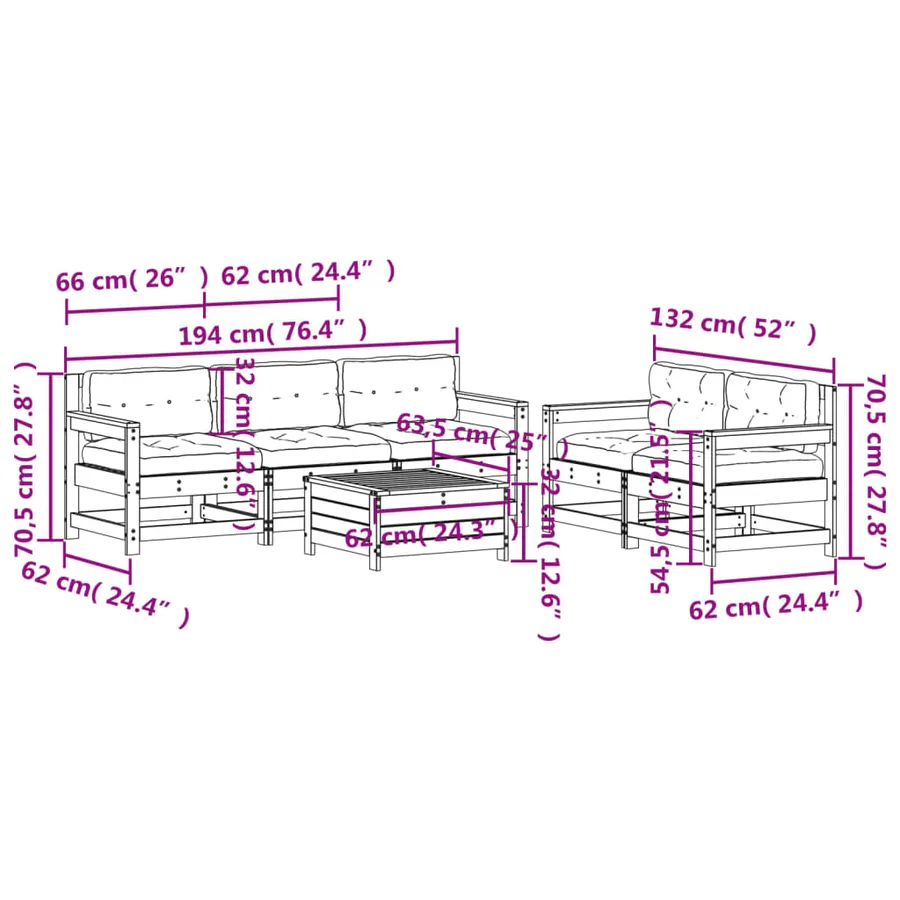 Salon de jardin 6 pcs avec coussins bois de pin imprégné - 10