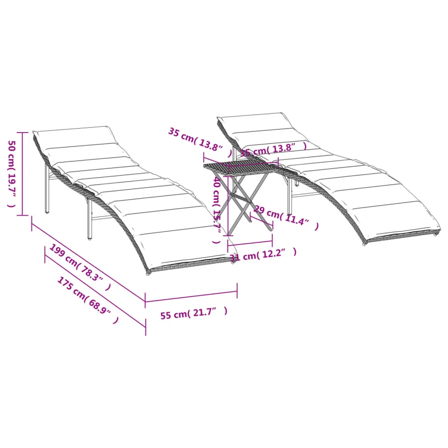 Chaises longues lot de 2 avec table gris résine tressée - 11