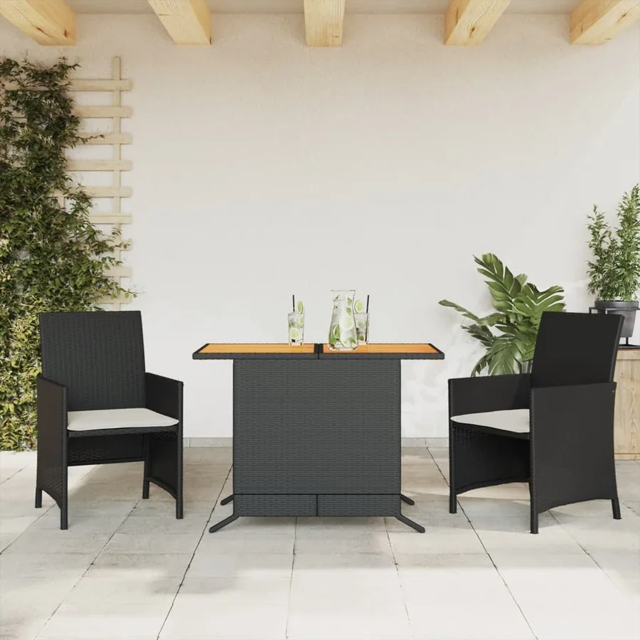 Ensemble de bistro 3 pcs avec coussins noir résine tressée