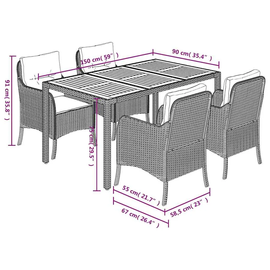 Ensemble à manger de jardin coussins 5pcs Noir Résine tressée - 7