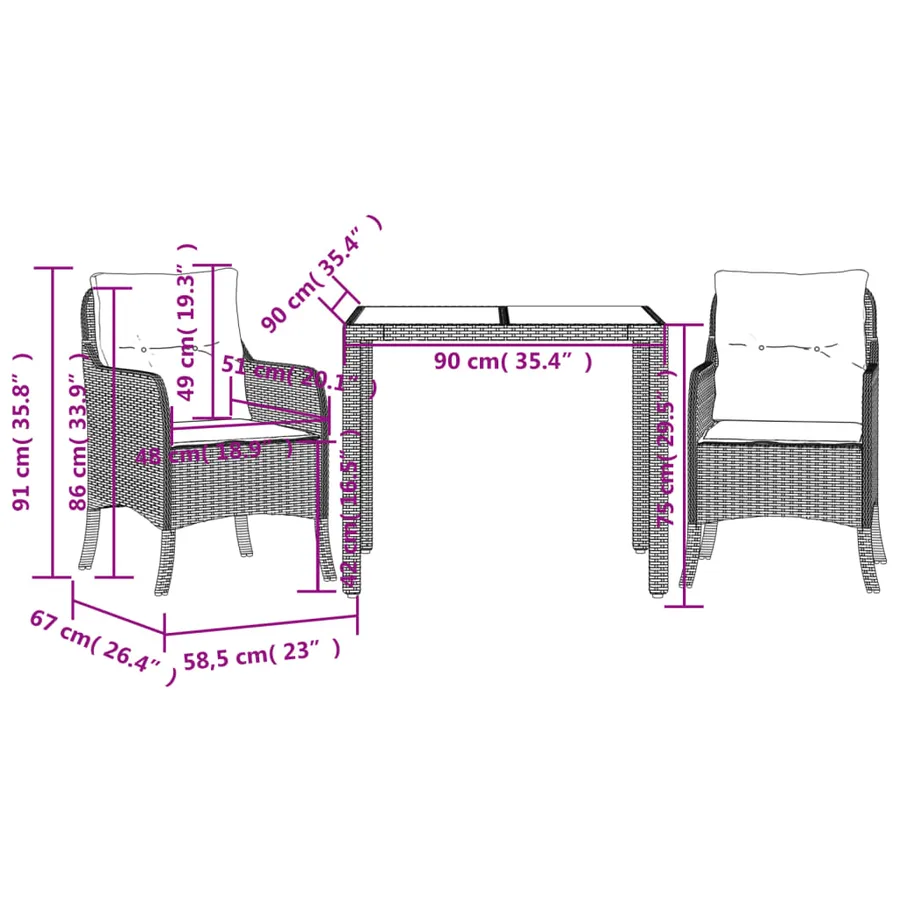 Ensemble à manger de jardin avec coussins 3 pcs Noir - 7
