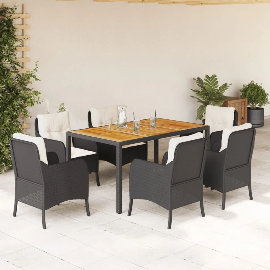 Ensemble à manger de jardin coussins 7pcs Noir Résine tressée