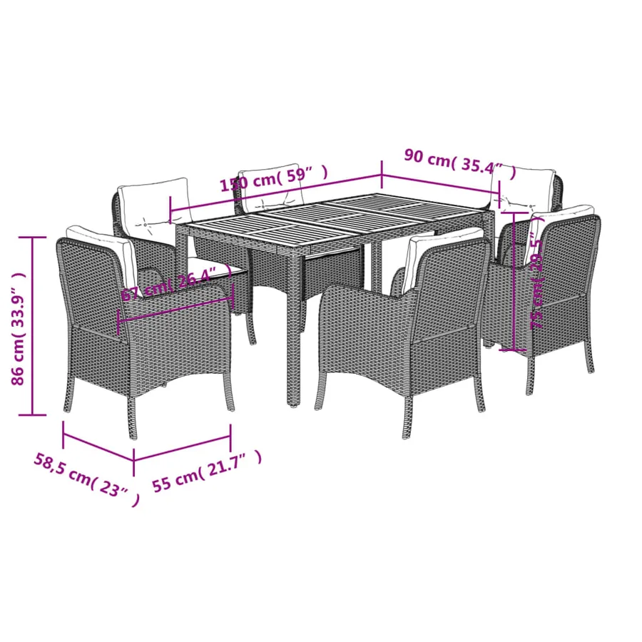 Ensemble à manger de jardin et coussins 7 pcs gris rotin - 7