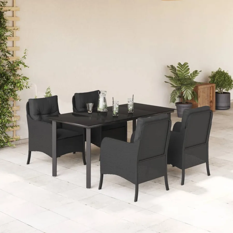 Ensemble à manger de jardin coussins 5pcs Noir Résine tressée