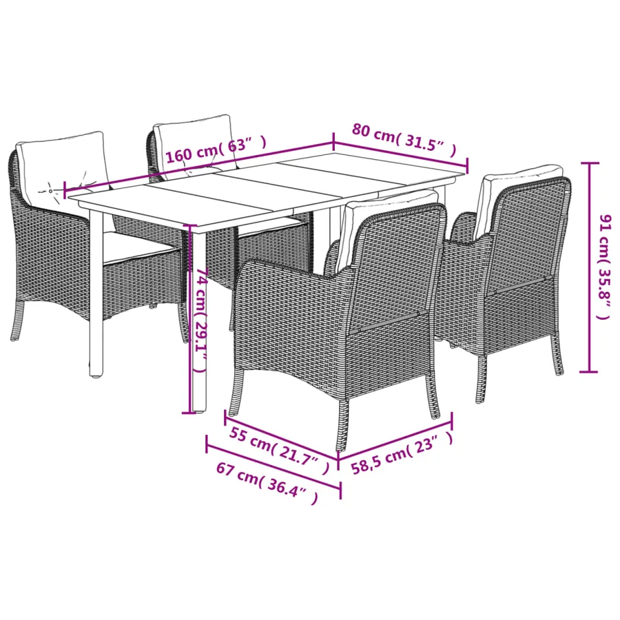 Ensemble à manger de jardin coussins 5pcs Noir Résine tressée - 7