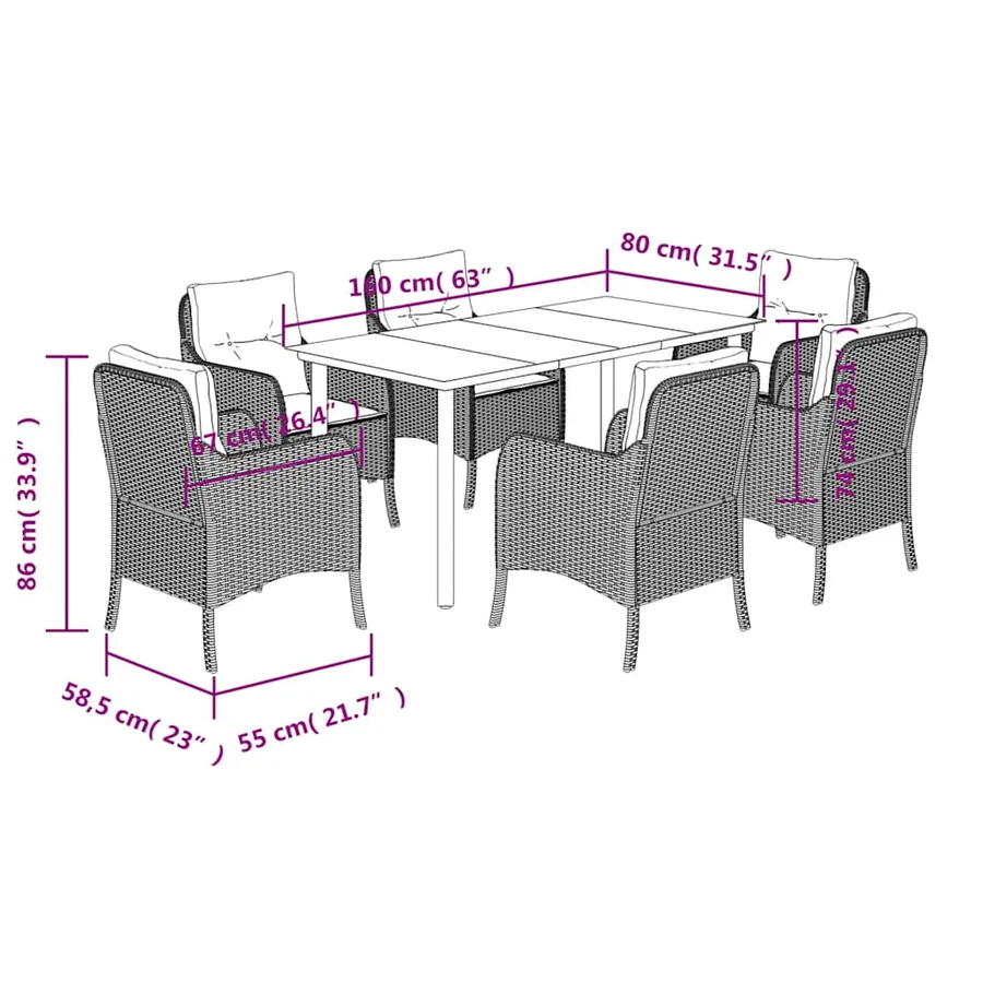 Ensemble à manger de jardin et coussins 7 pcs marron rotin - 7